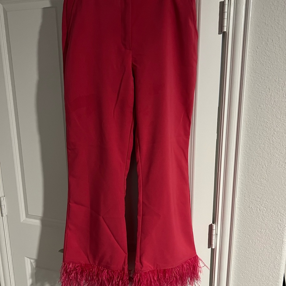 Women pink pants with feathers on the bottom of pants. Fun and unique.
